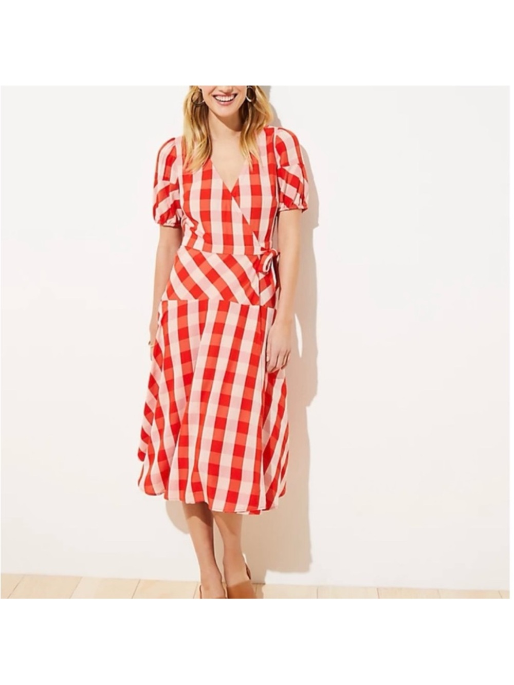 LOFT Red and Cream Gingham Midi Wrap Dress